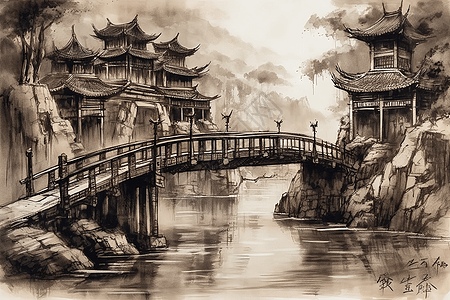 中式拱桥水墨画图片