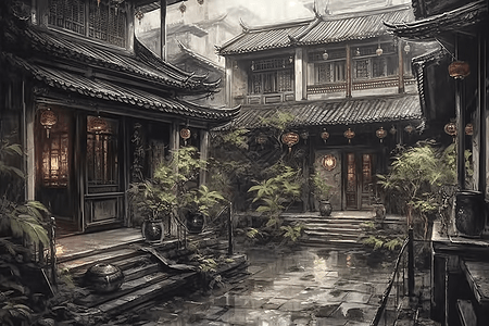 下雨中的庭院背景图片