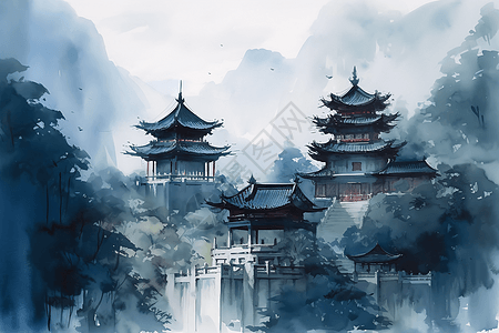 水彩画的寺庙图片
