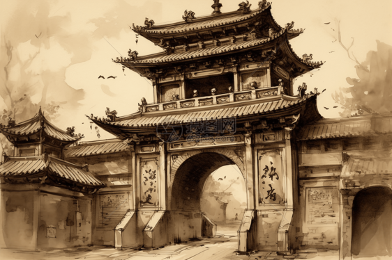 中国城门的水墨画图片