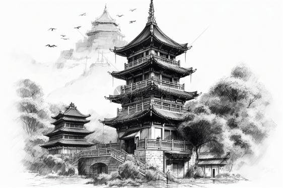水墨画的中国塔图片