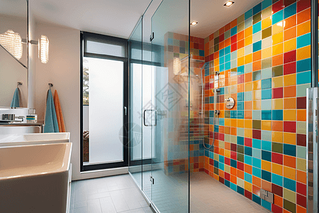 卫浴门带有彩色墙砖的浴室背景