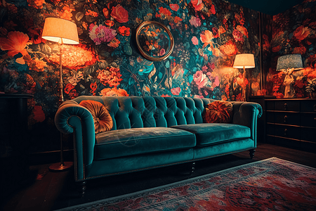 复古印花沙发和彩色壁纸背景