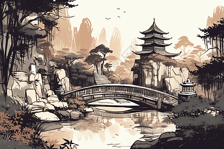 带有小桥的中国花园高清图片