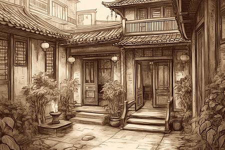 黑白经典传统精致的中国庭院插画
