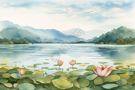 湖泊中美丽的莲花背景图片