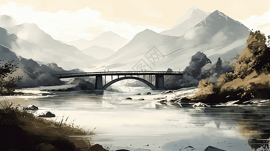 平静的河流在桥下流淌图片