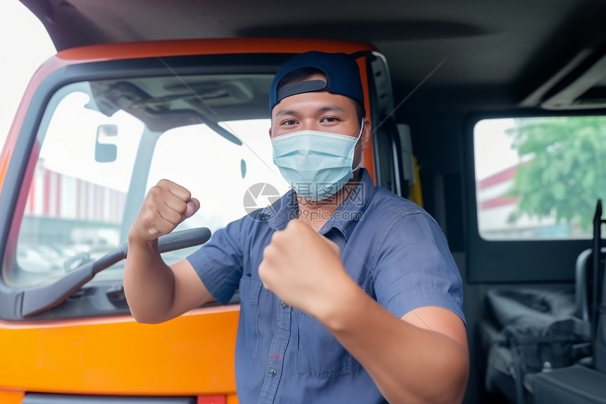 卡车司机戴着口罩防止灰尘和流感传播图片