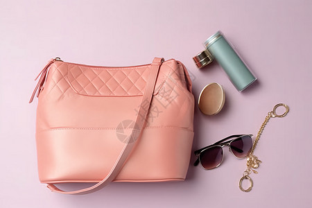 包包化妆品粉色包包和化妆品背景