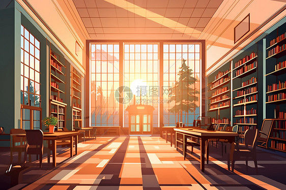 阳光透过玻璃洒进图书馆内图片