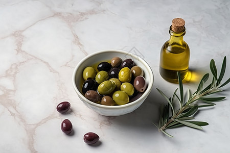 大理石上的橄榄油和橄榄图片