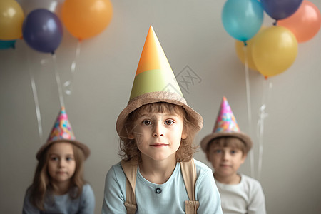 小孩坐蛋糕上可爱的小孩戴着生日帽子背景