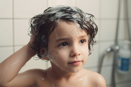 洗头发的男童图片