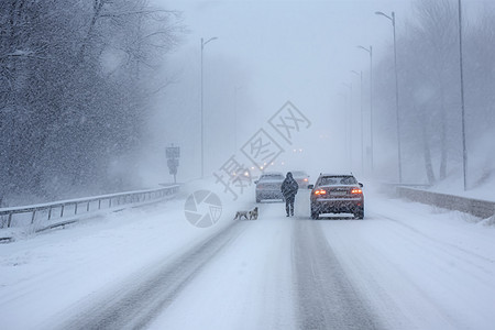 冬天行人暴雪天气路上的行人和汽车背景