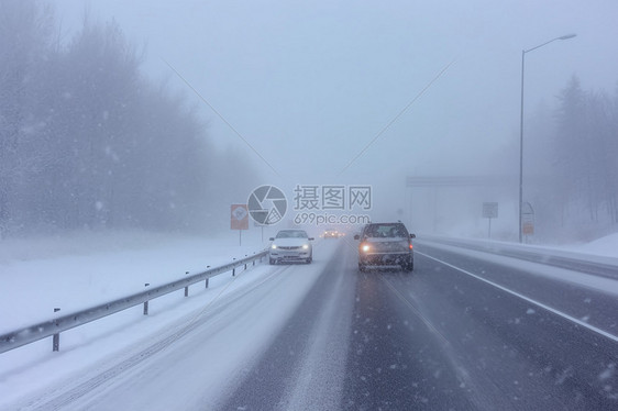 暴雪天气道路上的汽车图片