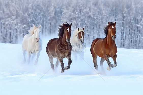 跑过雪地的一群马图片