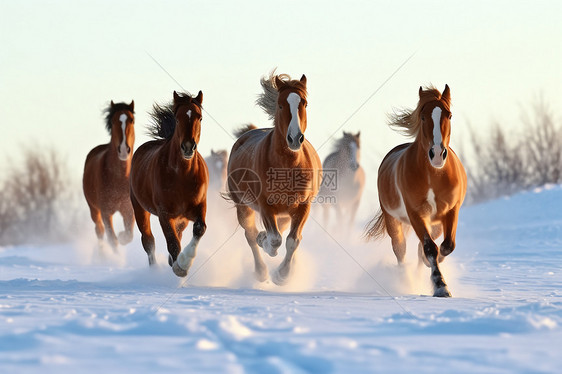 跑过雪地的马群图片