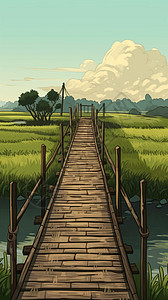 通往稻田的木桥高清图片