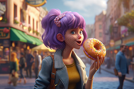 紫色头发女孩吃甜甜圈图片