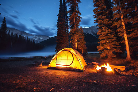 帐篷灯野外露营的帐篷和篝火背景