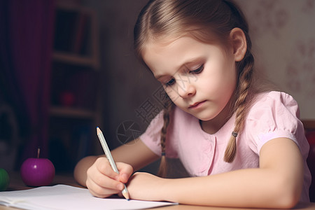 女孩在桌子上学习写字背景图片