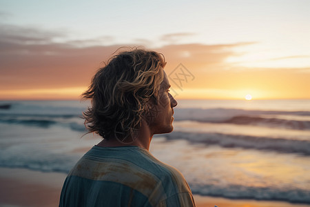 在海岸线看日落的男性背景图片