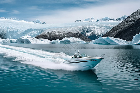 在冰川地带行驶的快艇图片