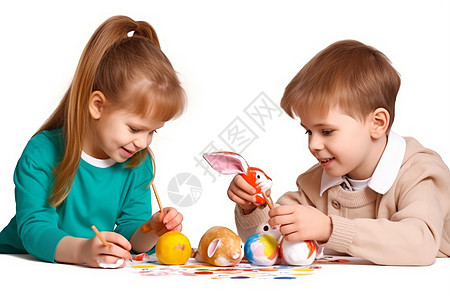 两个孩子画复活节彩蛋背景图片