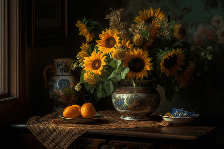 桌子上的向日葵花束图片