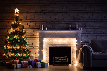 白色砖白色壁炉和圣诞树设计图片