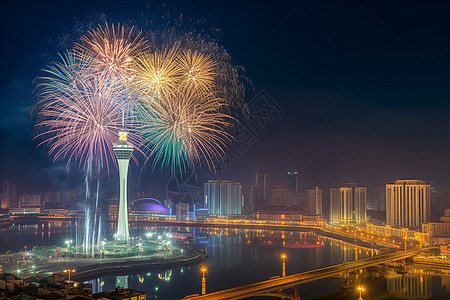 矢量烟花澳门城市的烟花背景