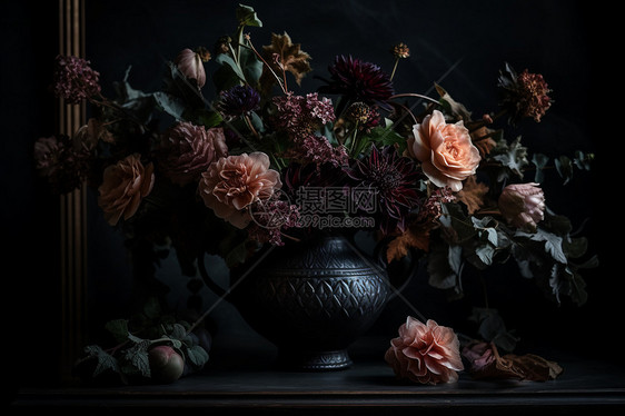 黑色花瓶中的花朵图片