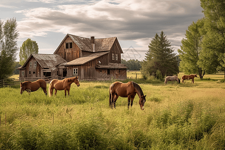 在田野里放牧的马匹图片