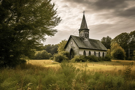 乡村教堂坐落在田野和树木之间图片