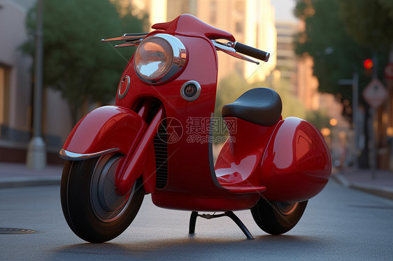 一辆光滑的摩托车，有着闪闪发光的红色油漆，在红绿灯时转动了发动机。(皮克斯趋势，3D卡通人物，)图片