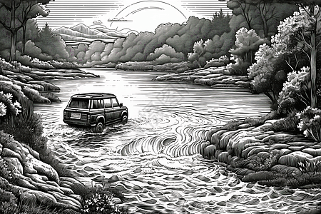 过河的SUV艺术插画图片