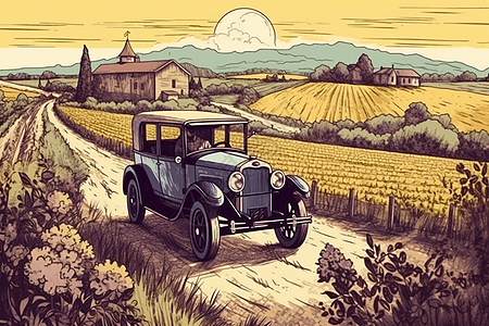 古董车驶过的葡萄园艺术插图图片