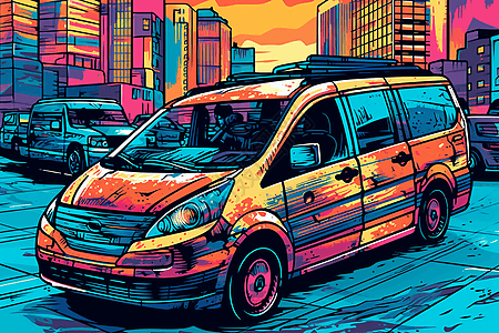商务车在城市中巡游平面插图图片