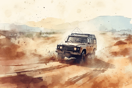 SUV穿越沙漠手绘插图图片
