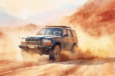 尘土飞扬的SUV穿越沙漠插图背景图片