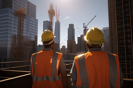 建筑工人在高层建筑上工作背景图片