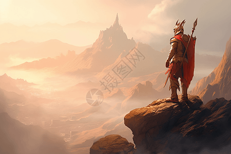 金色盔甲的战士站在悬崖艺术插图图片