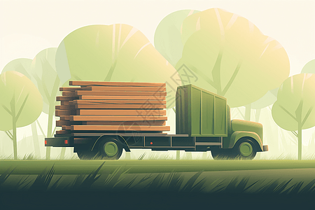运输木材木材加工厂运输卡车平面插图插画