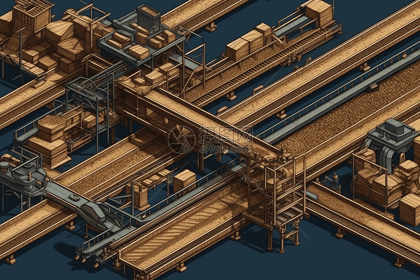 锯木厂传送带系统的平面插图图片