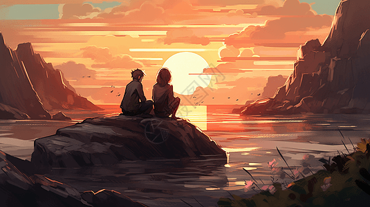 坐在海洋旁岩石上的情侣图片