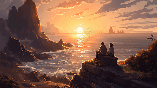 一对情侣坐在海边的岩石上图片