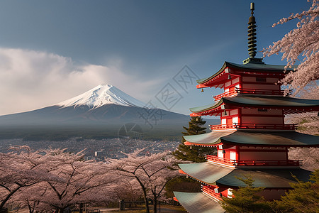 富士山的樱花季节和红塔图片