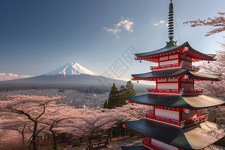 富士山的樱花和红塔背景图片