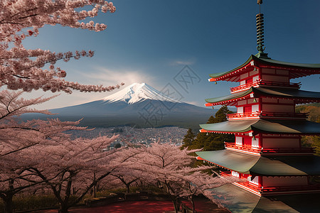 樱花和富士山红塔图片