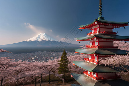 樱花季节的富士山和红塔高清图片